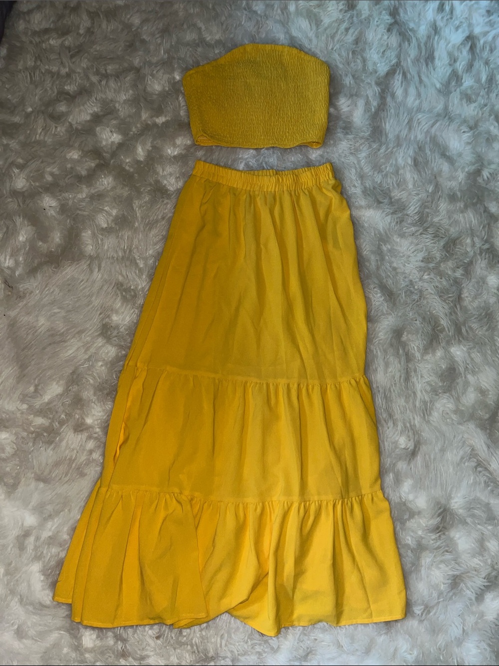 Bright Yellow Tube Top With Tiered Maxi Skirt